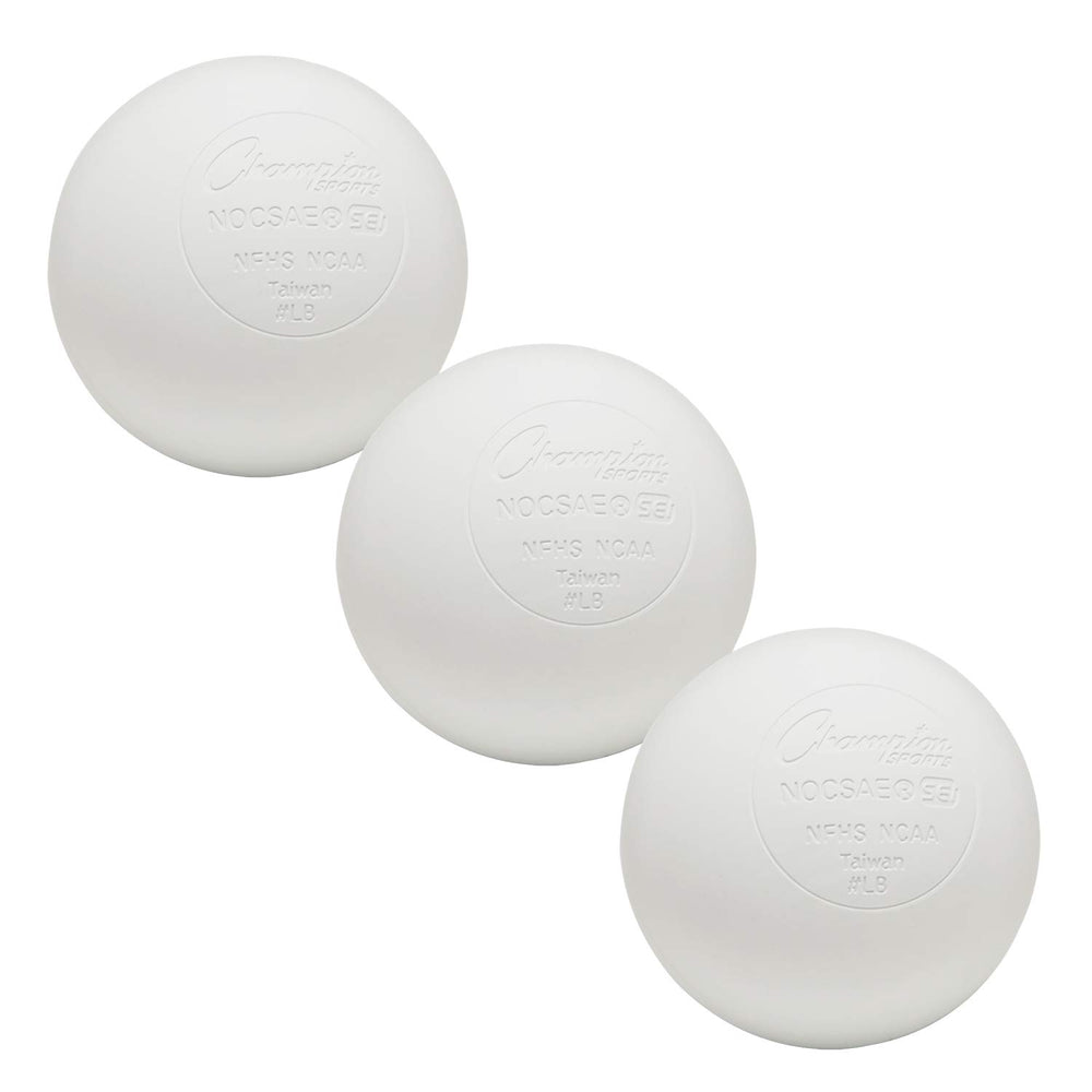 Champion Sports front packaging showing three white lacrosse balls and durable box benefit