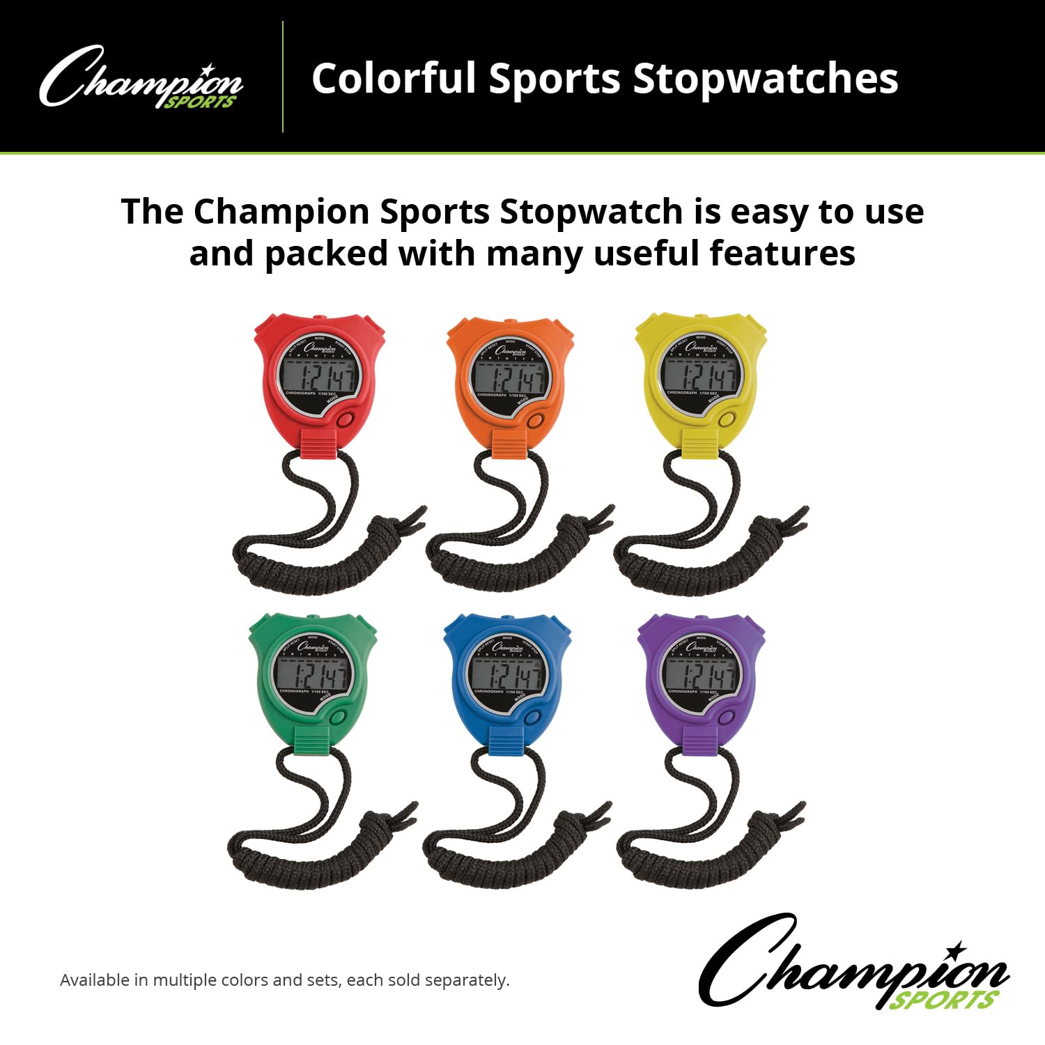 Champion Sports stopwatch on black lanyard around neck for hands-free coach convenience