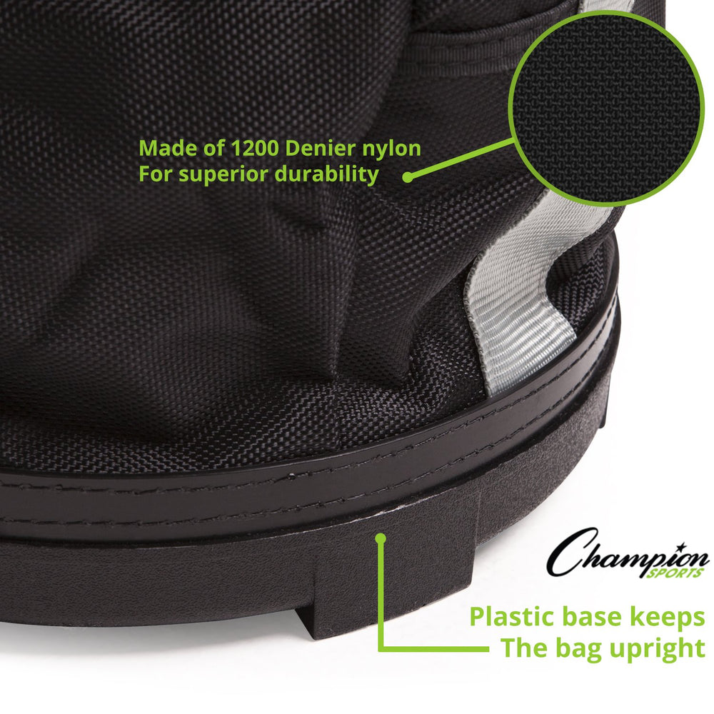 Champion Sports bag next to football for size reference and capacity clarity