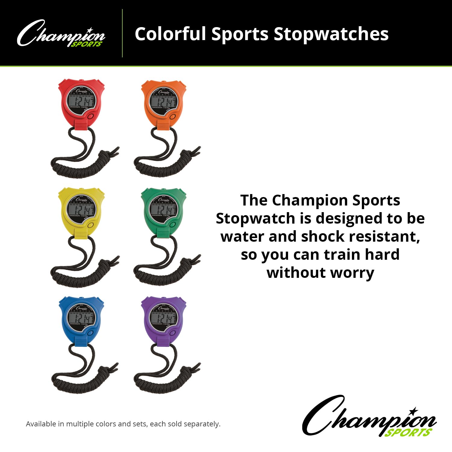 Champion Sports stopwatch held in hand to show compact size and lightweight portability