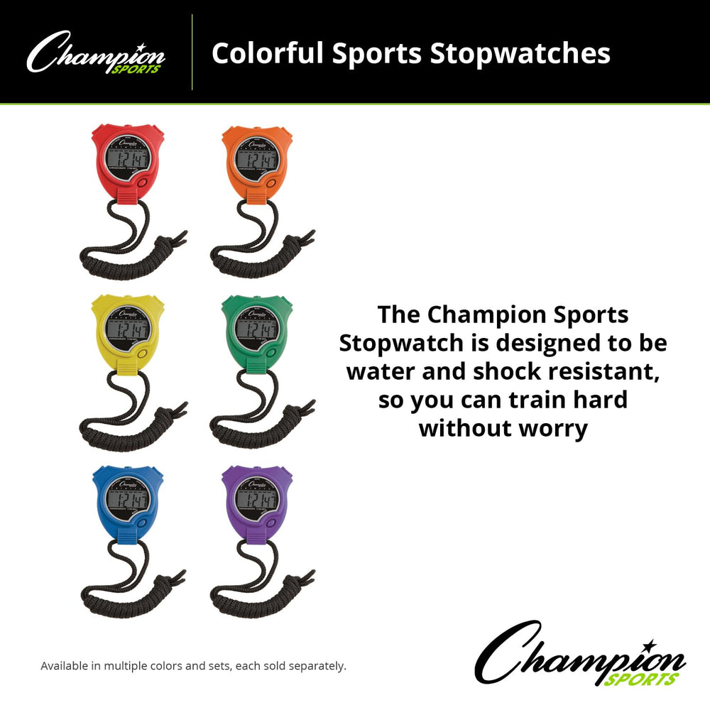 Champion Sports stopwatch held in hand to show compact size and lightweight portability