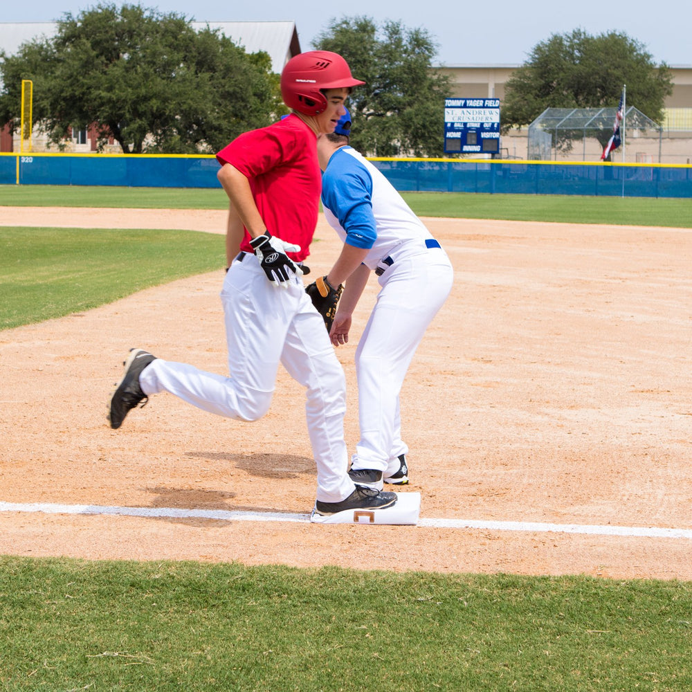 Champion Sports base beside a baseball glove showing size and portability