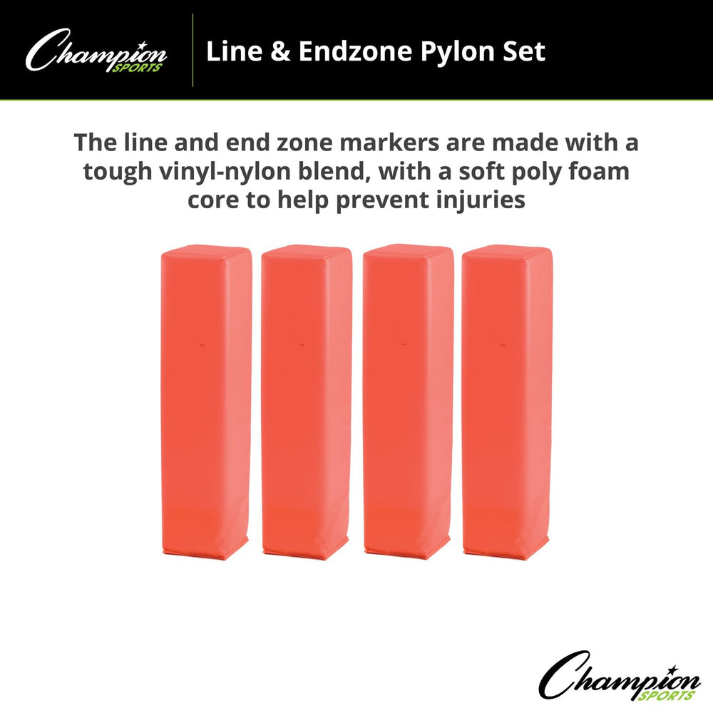 Champion Sports pylon beside yard line showing 4x4x18 size for scale and visibility