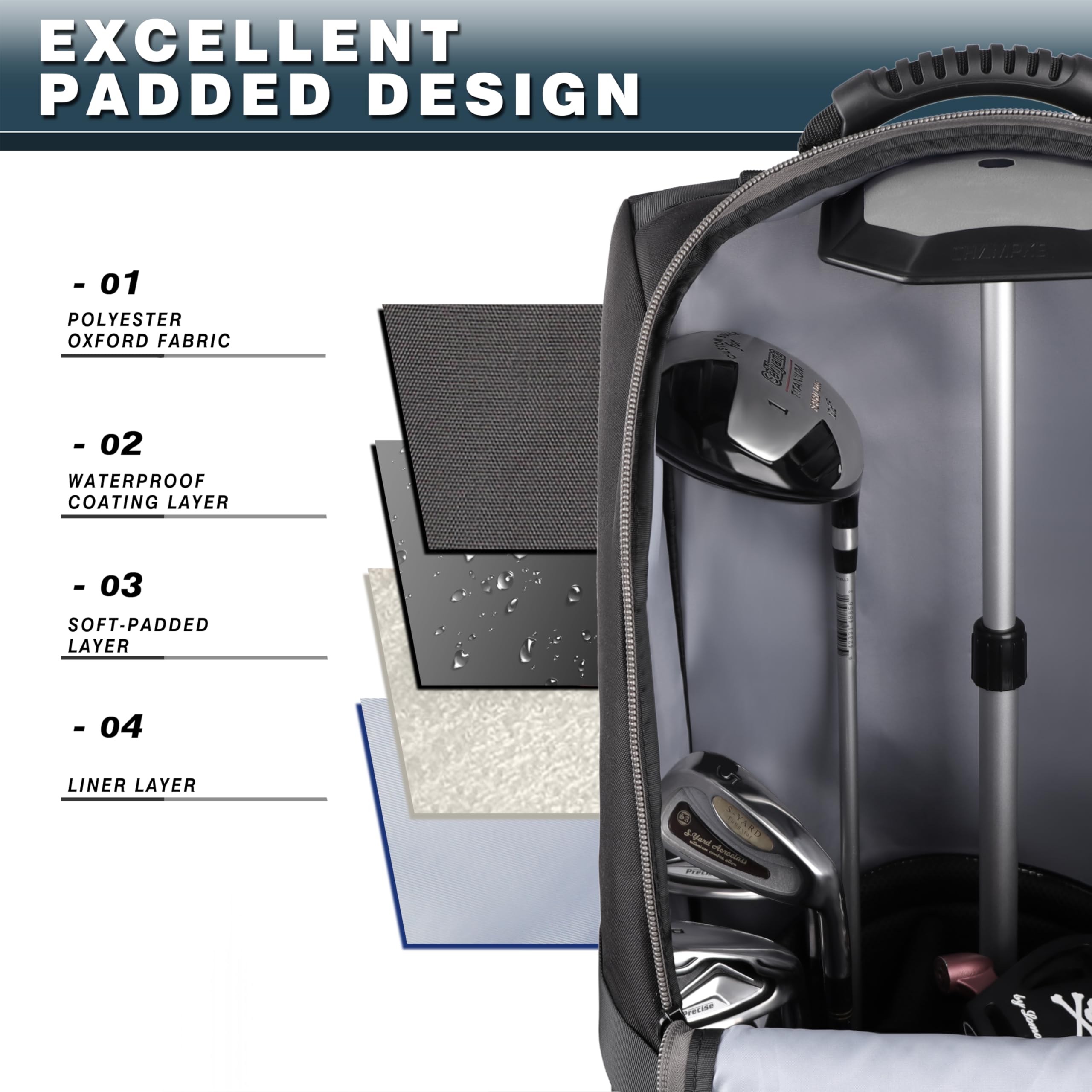 CHAMPKEY bag beside a standard golf bag to show size and capacity comparison