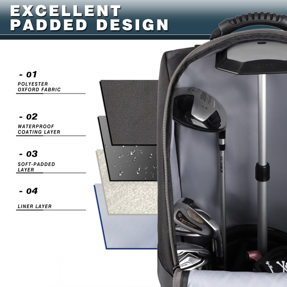 CHAMPKEY bag beside a standard golf bag to show size and capacity comparison