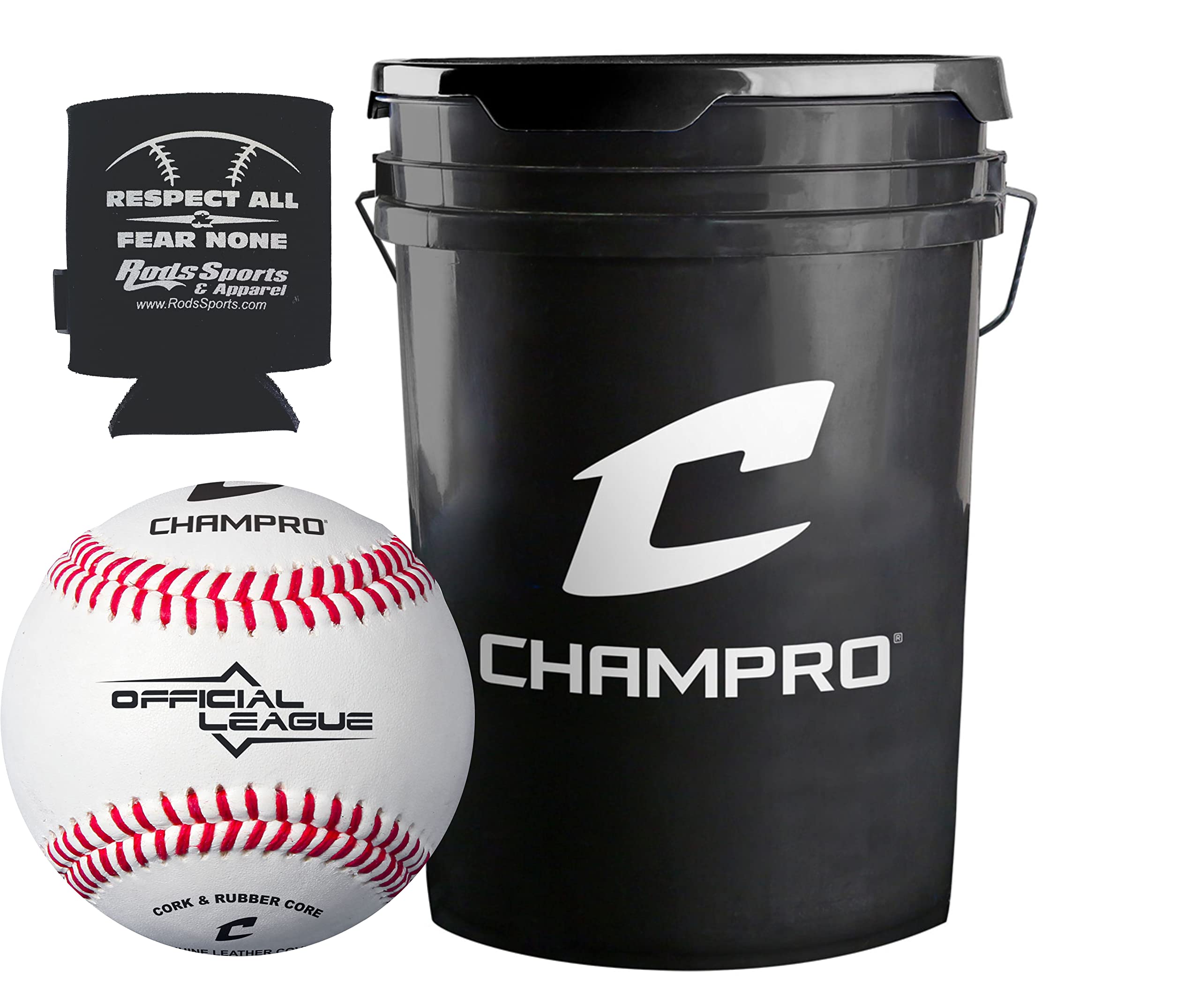 CHAMPRO bucket front view showing 30 baseballs and padded lid for comfortable seating