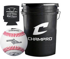 CHAMPRO bucket front view showing 30 baseballs and padded lid for comfortable seating