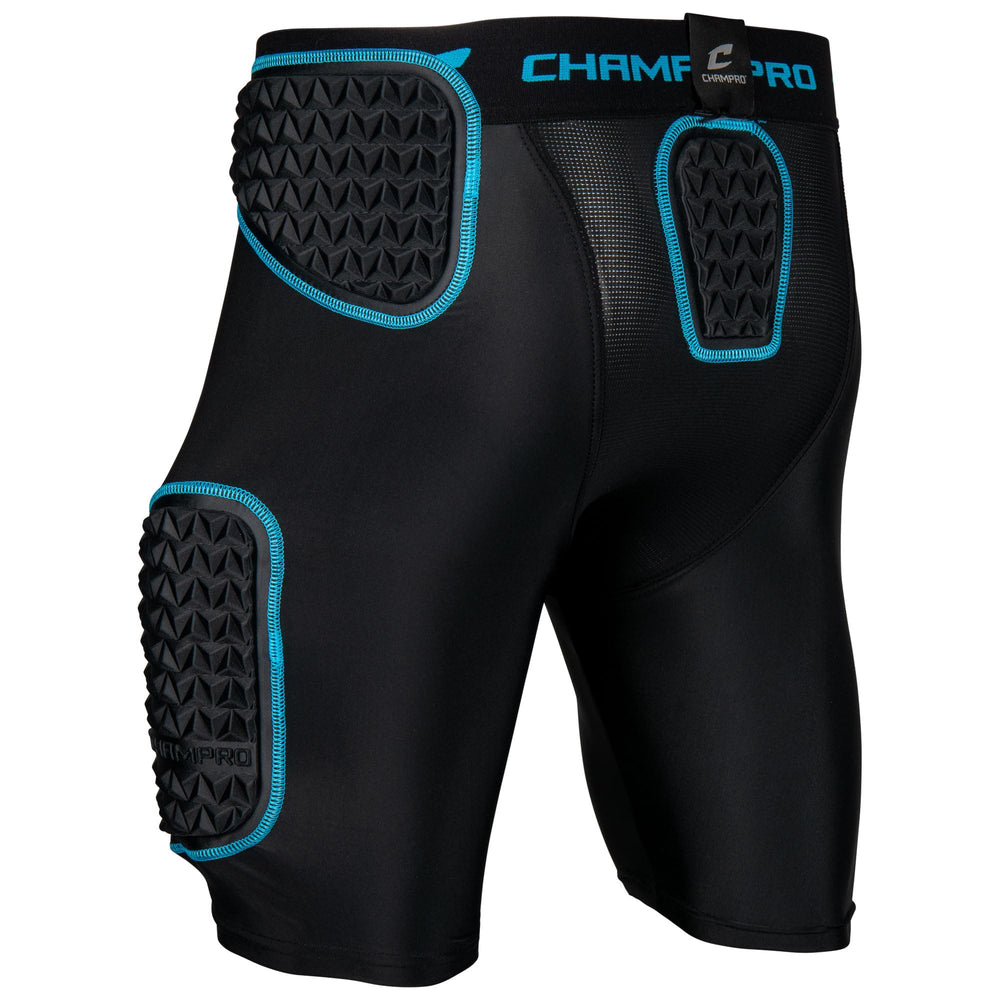 CHAMPRO back padding detail highlighting tailbone pad and secure coverage benefit