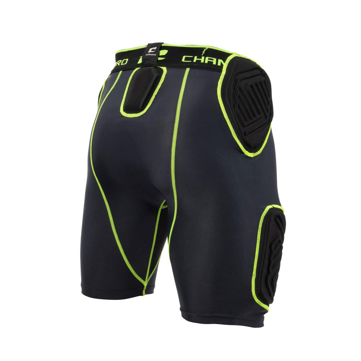CHAMPRO girdle front view showing five integrated pads and optic blue accents for secure protection
