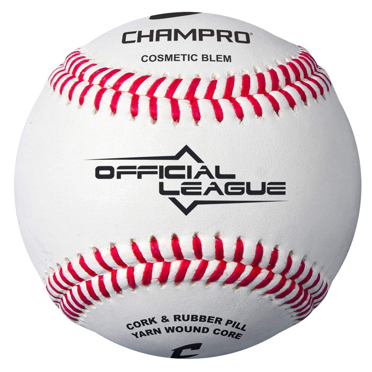 CHAMPRO baseball front view showing leather cover and raised seams, durable grip benefit