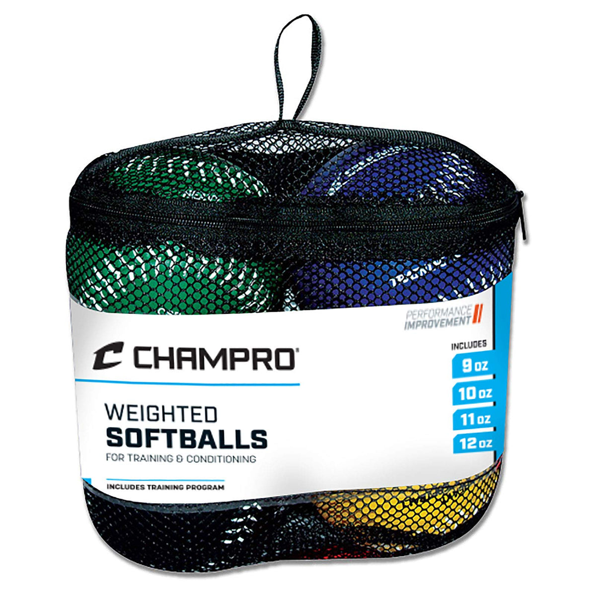 CHAMPRO front packaging showing four weighted softballs and benefits