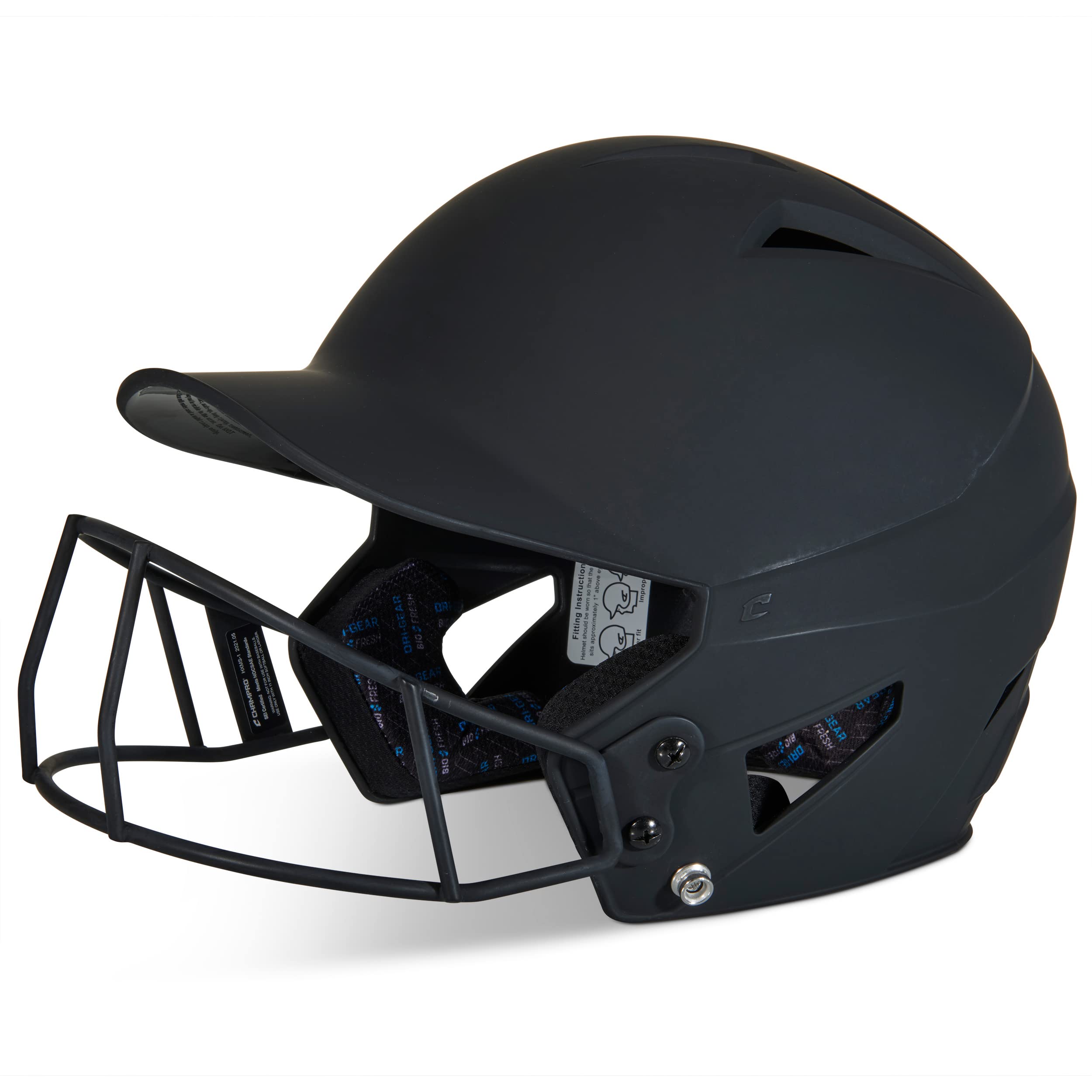 CHAMPRO helmet front view showing matte black finish and facemask for clear coverage