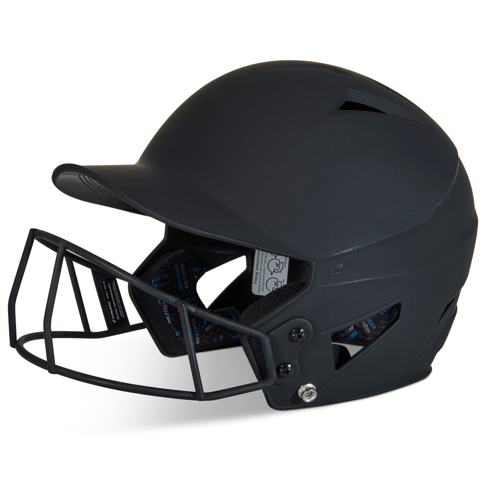 CHAMPRO helmet front view showing matte black finish and facemask for clear coverage