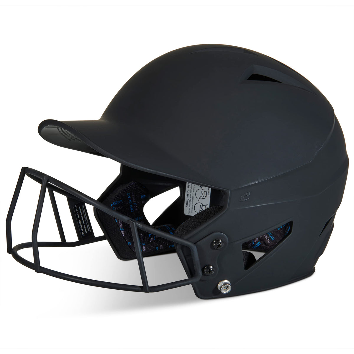 CHAMPRO helmet front view showing matte black finish and facemask for clear coverage