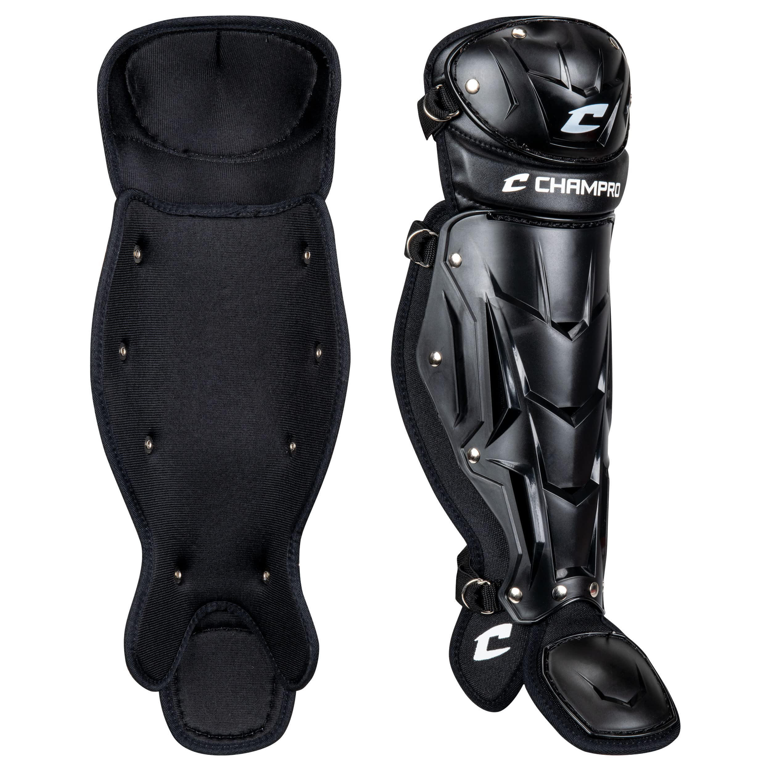 CHAMPRO front view of leg guard showing full coverage and durable shell