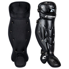 CHAMPRO front view of leg guards showing full coverage and sleek black finish