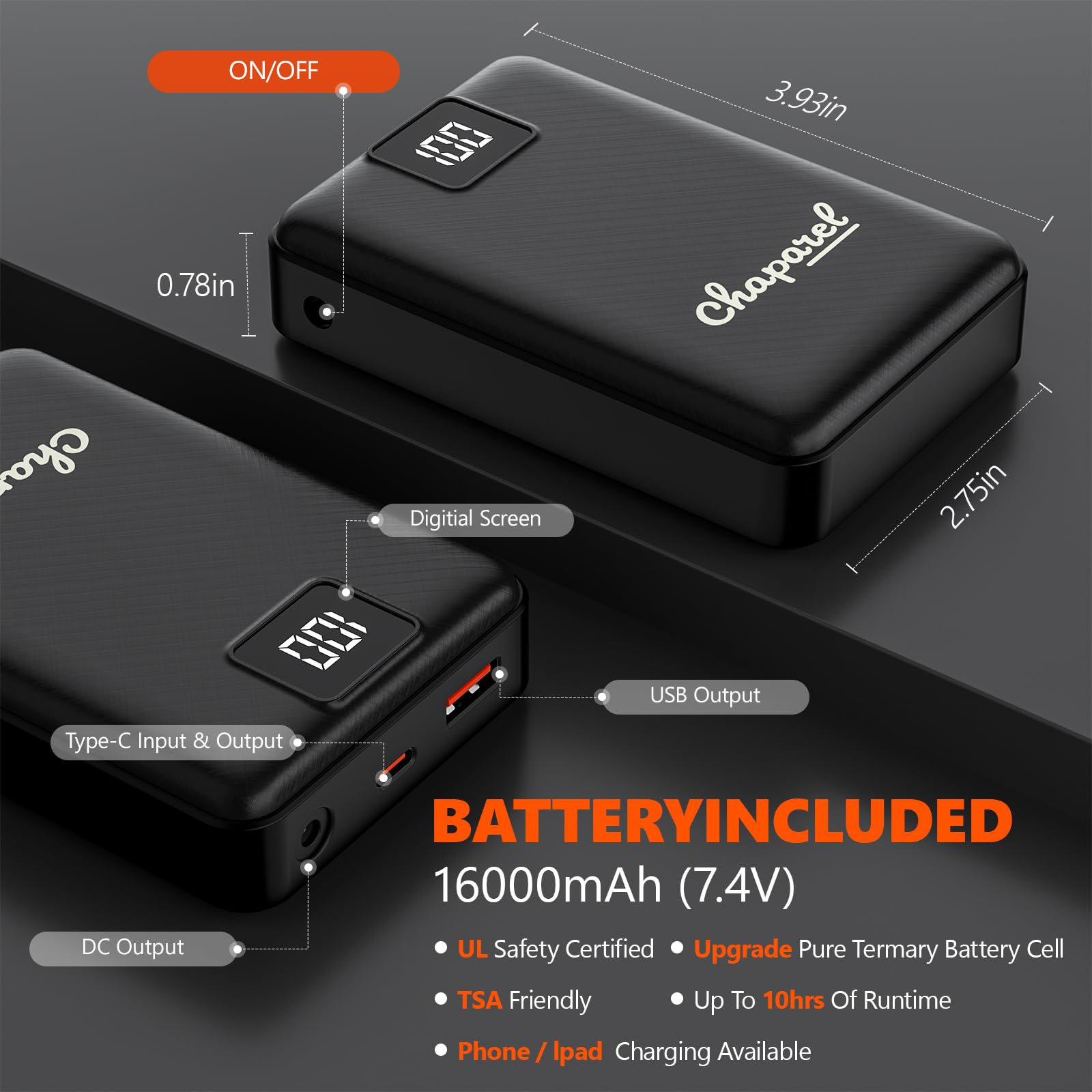 CHAPAREL 16,000mAh battery pack with USB cable for long-lasting warmth