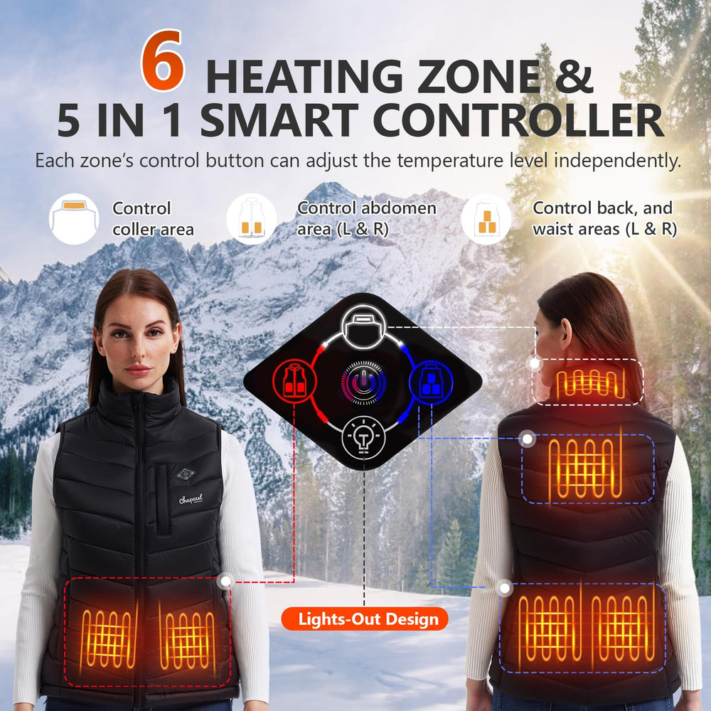 CHAPAREL vest back view highlighting six heating zones for targeted warmth