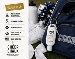 Cheer Chalk bottle clipped to gym bag with carabiner for easy transport