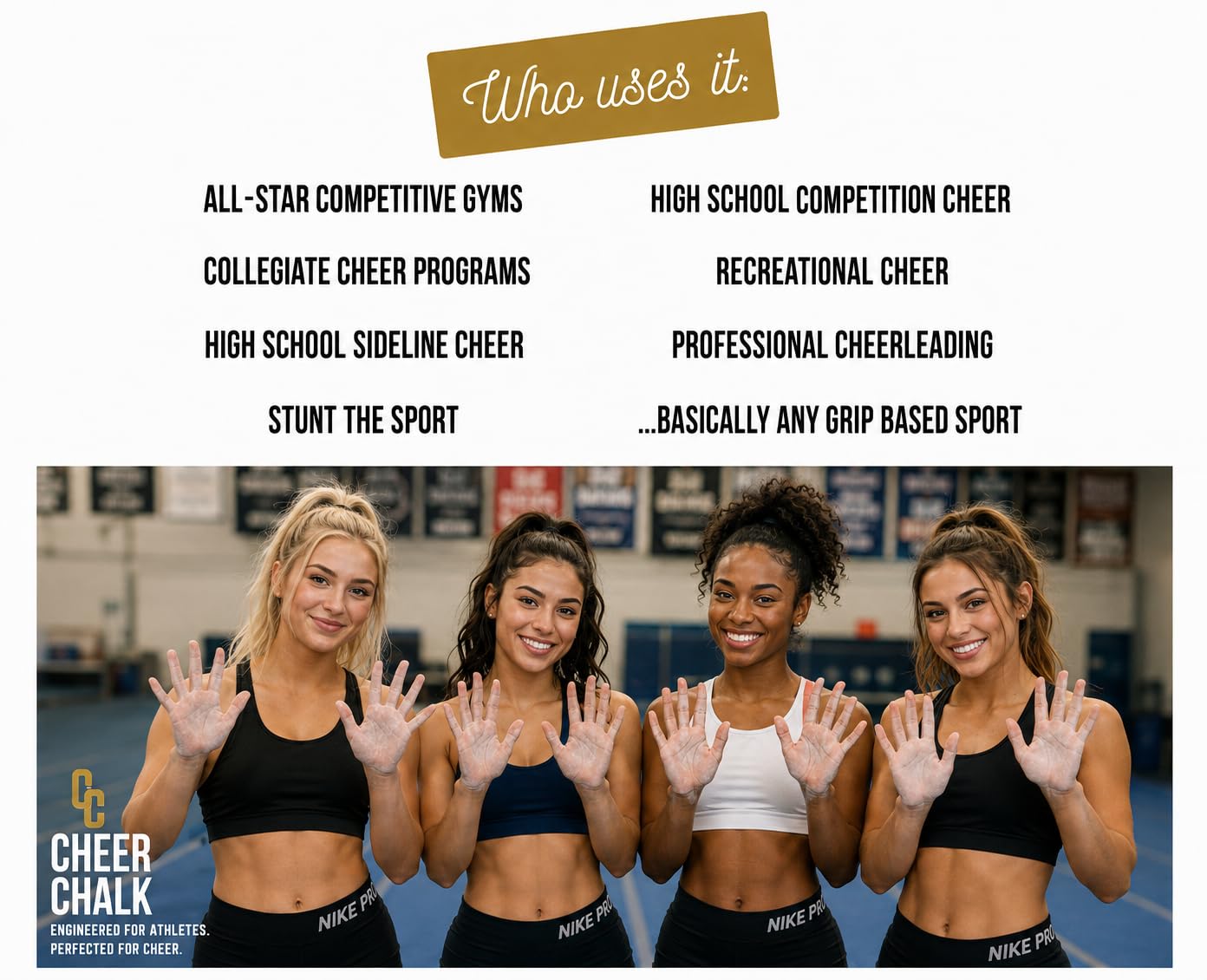 Cheer Chalk used during a cheer stunt showing improved hand traction