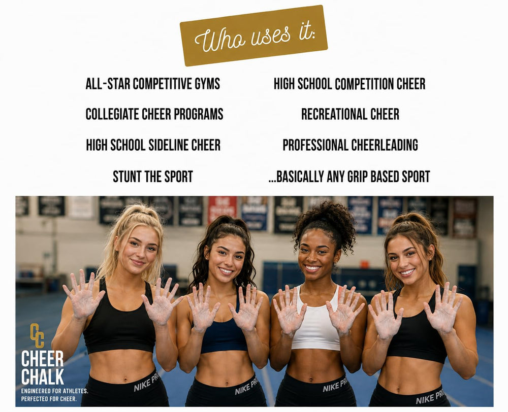 Cheer Chalk used during a cheer stunt showing improved hand traction