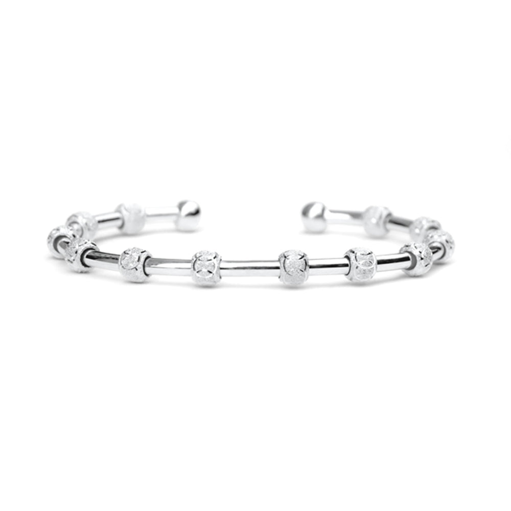 Chelsea Charles front view of silver circle bead bracelet showing elegant design and function