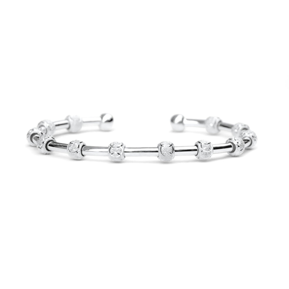 Chelsea Charles front view of silver circle bead bracelet showing elegant design and function