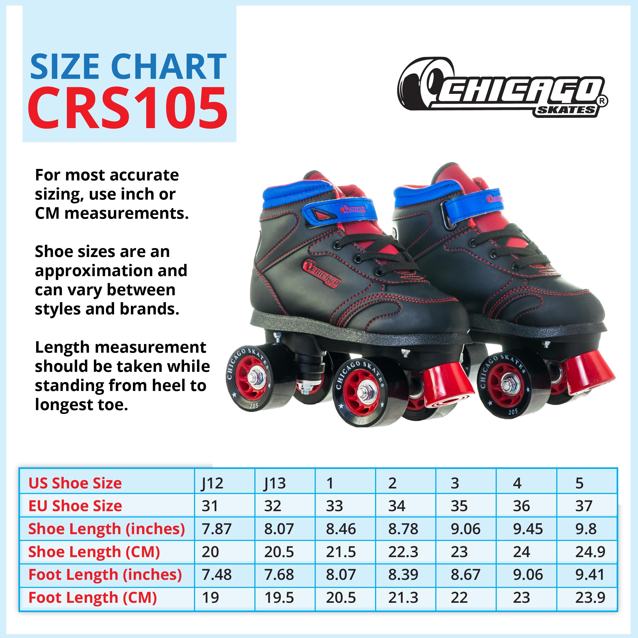 Chicago Skates size comparison and packaging illustrating adjustable fit