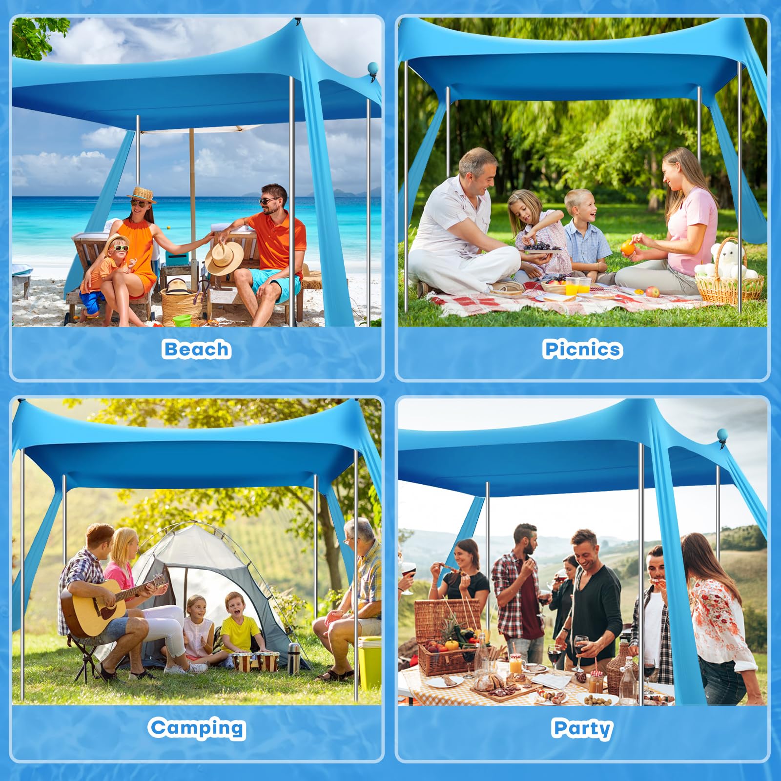 CHNENOMME family under canopy at beach showing reliable sun protection