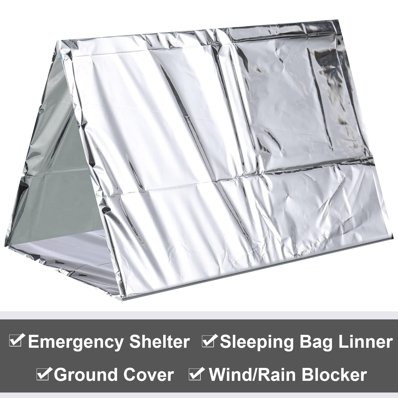 Chumia in use camping wrapped around hiker for emergency warmth and wind protection