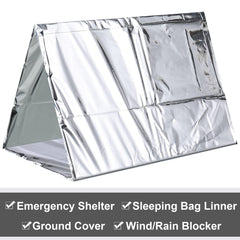Chumia in use camping wrapped around hiker for emergency warmth and wind protection