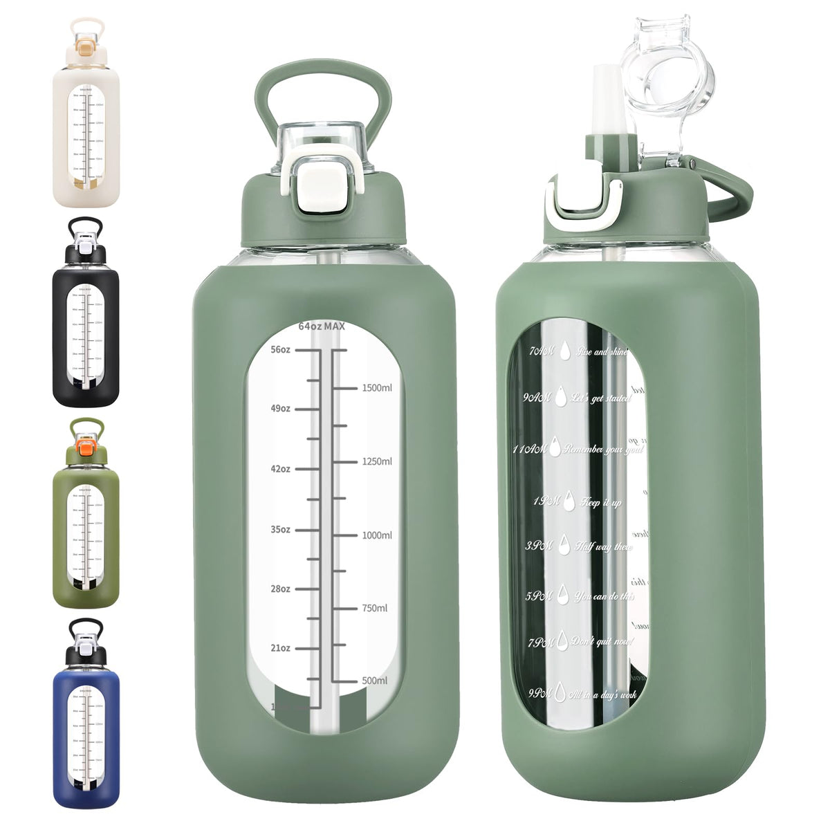 chunmo front view of 64 oz glass bottle showing time markers and quote for easy tracking