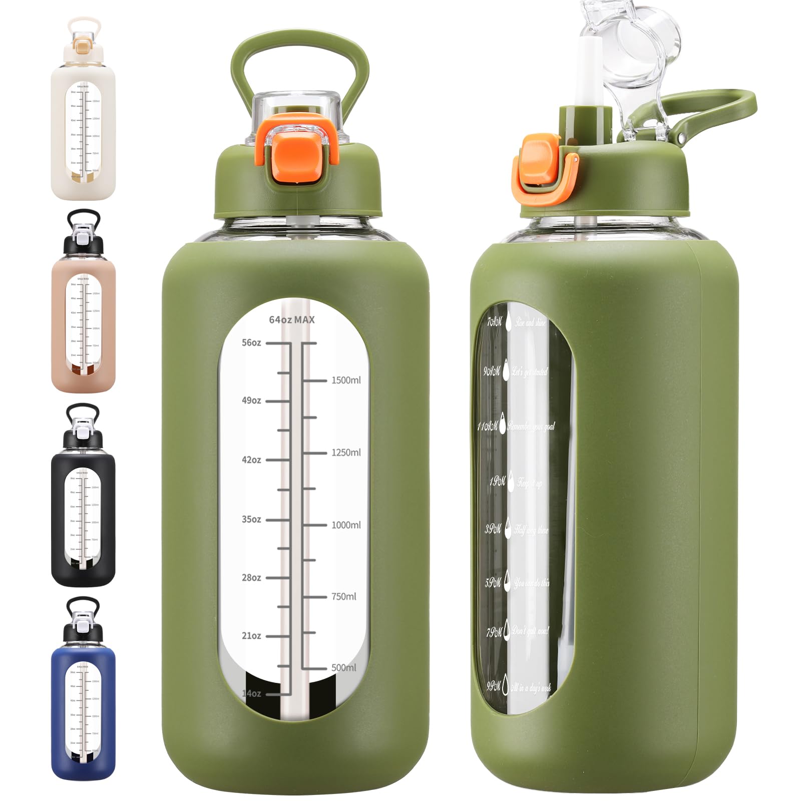 chunmo front view glass water bottle showing time marker and quote benefit - easy motivation