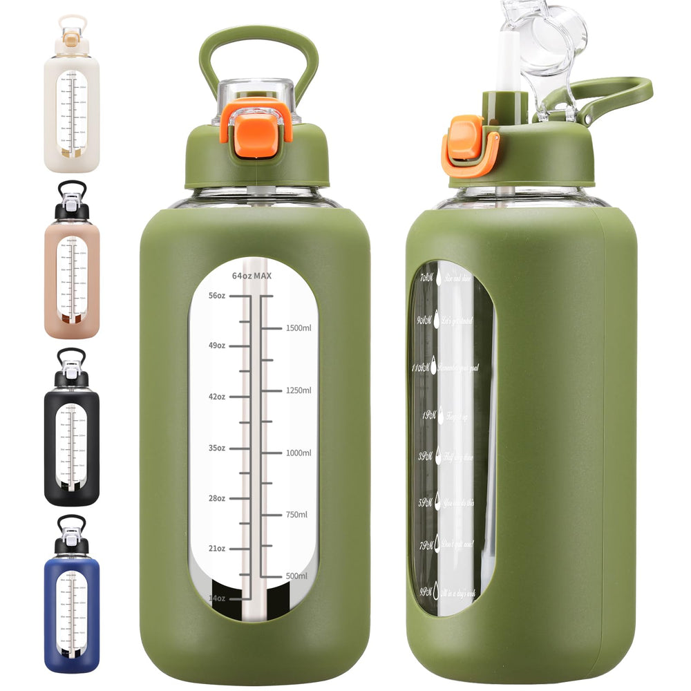 chunmo front view glass water bottle showing time marker and quote benefit - easy motivation