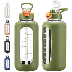 chunmo front view glass water bottle showing time marker and quote benefit - easy motivation