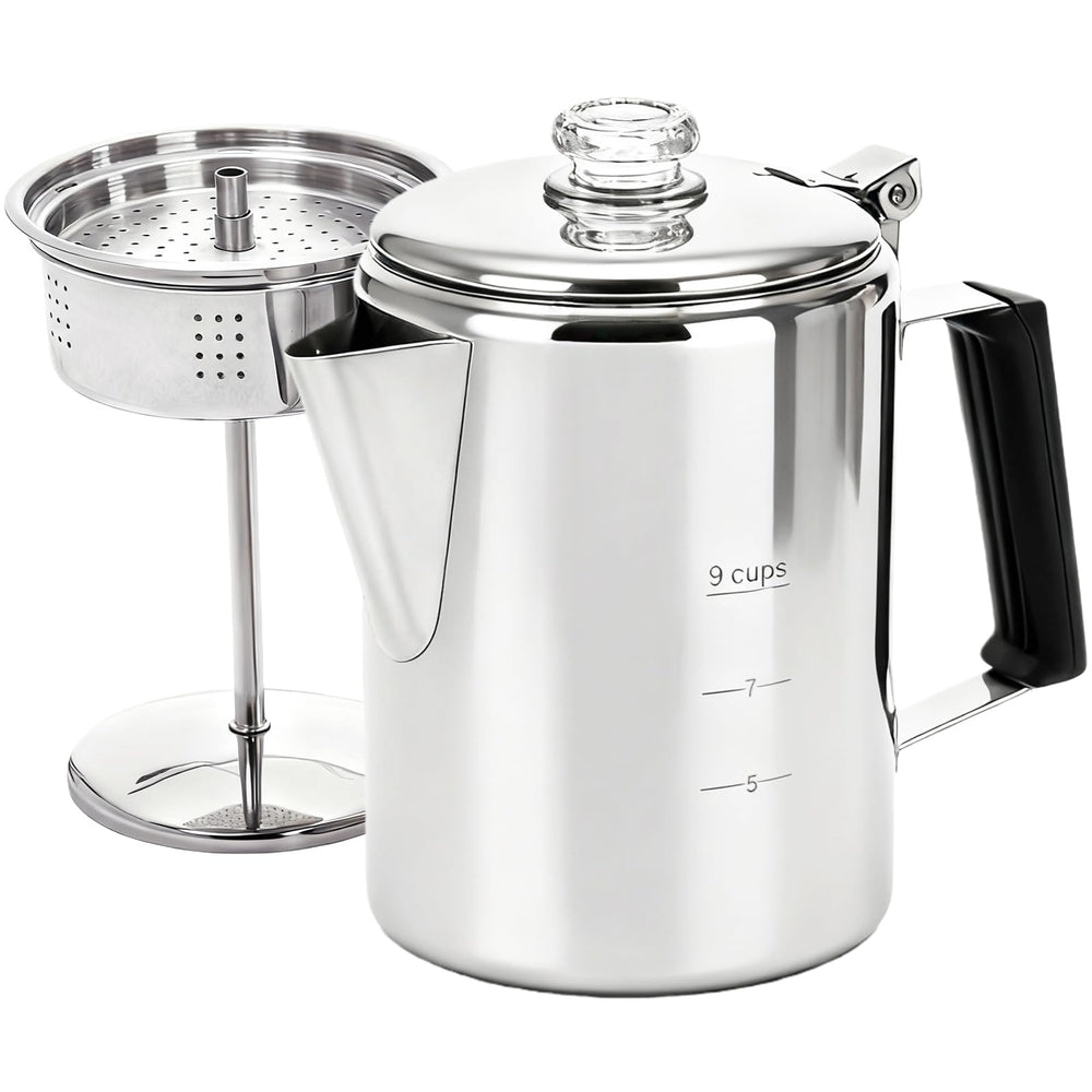 Cididu front view percolator showing sturdy stainless steel for reliable outdoor brewing