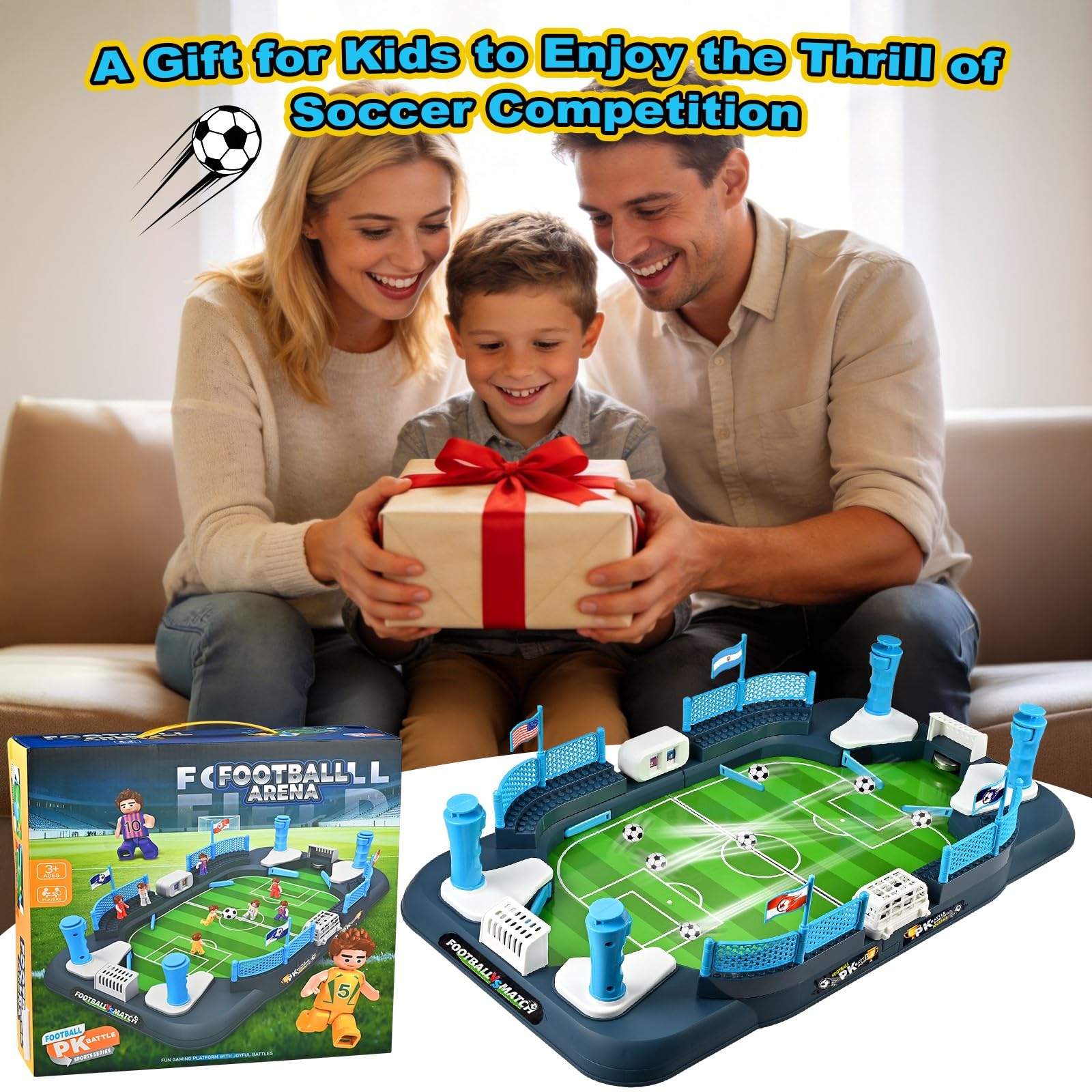 Cieex mini foosball next to a hand showing scale and easy tabletop fit