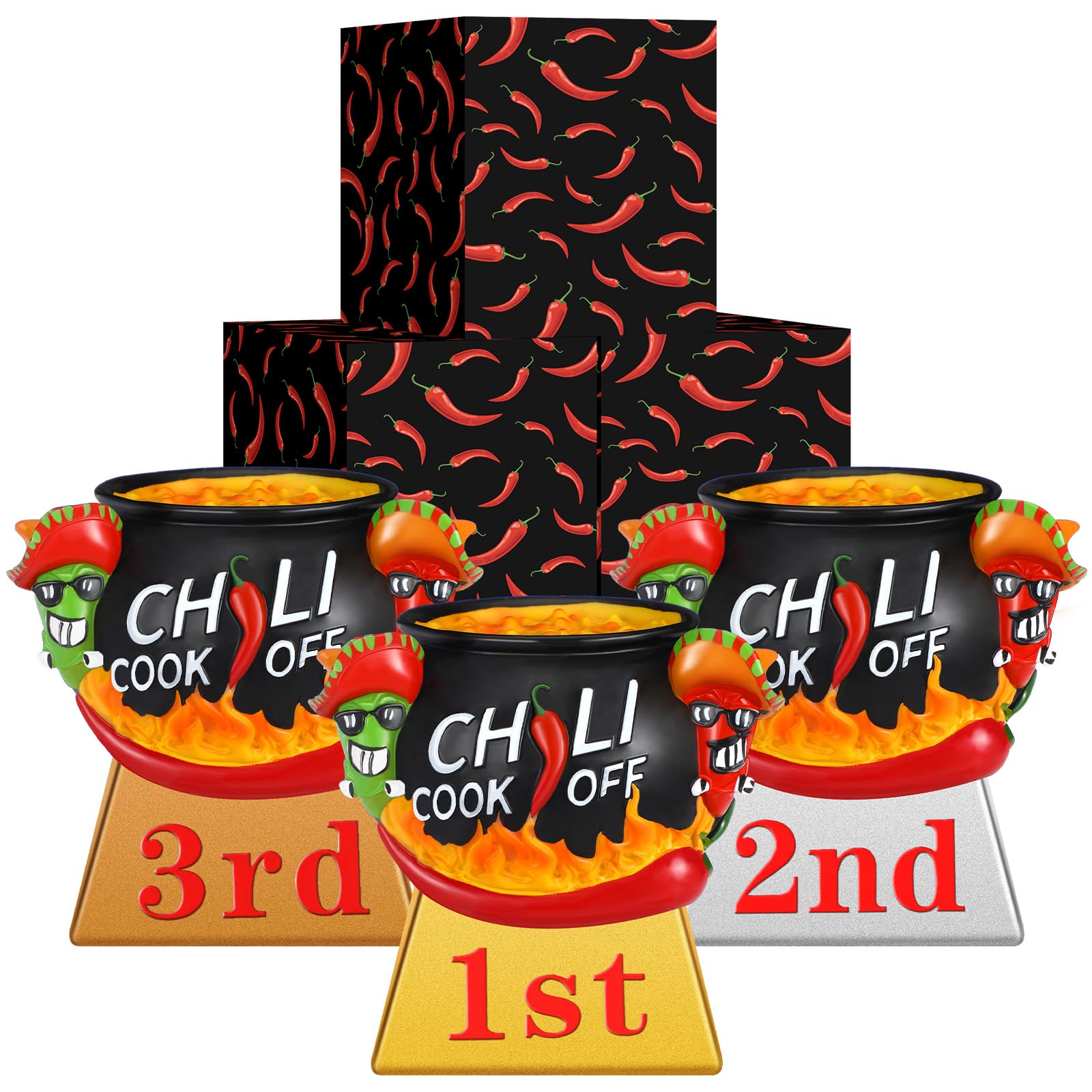 Cinnvoice front view of three chili trophies showing presentation-ready boxes and finish