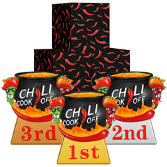 Cinnvoice front view of three chili trophies showing presentation-ready boxes and finish
