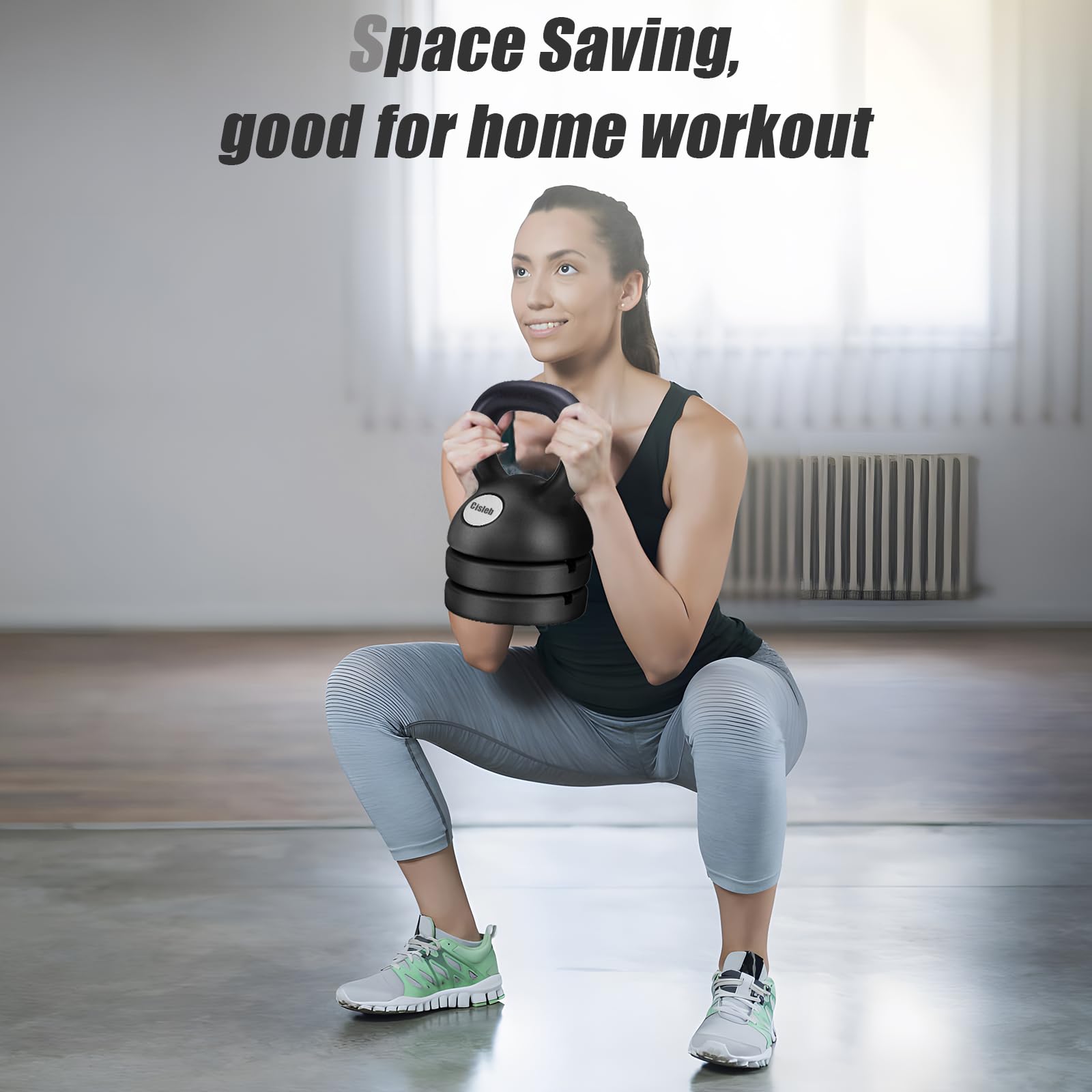 Cisleb kettlebell beside a dumbbell to show compact size and convenient storage advantage