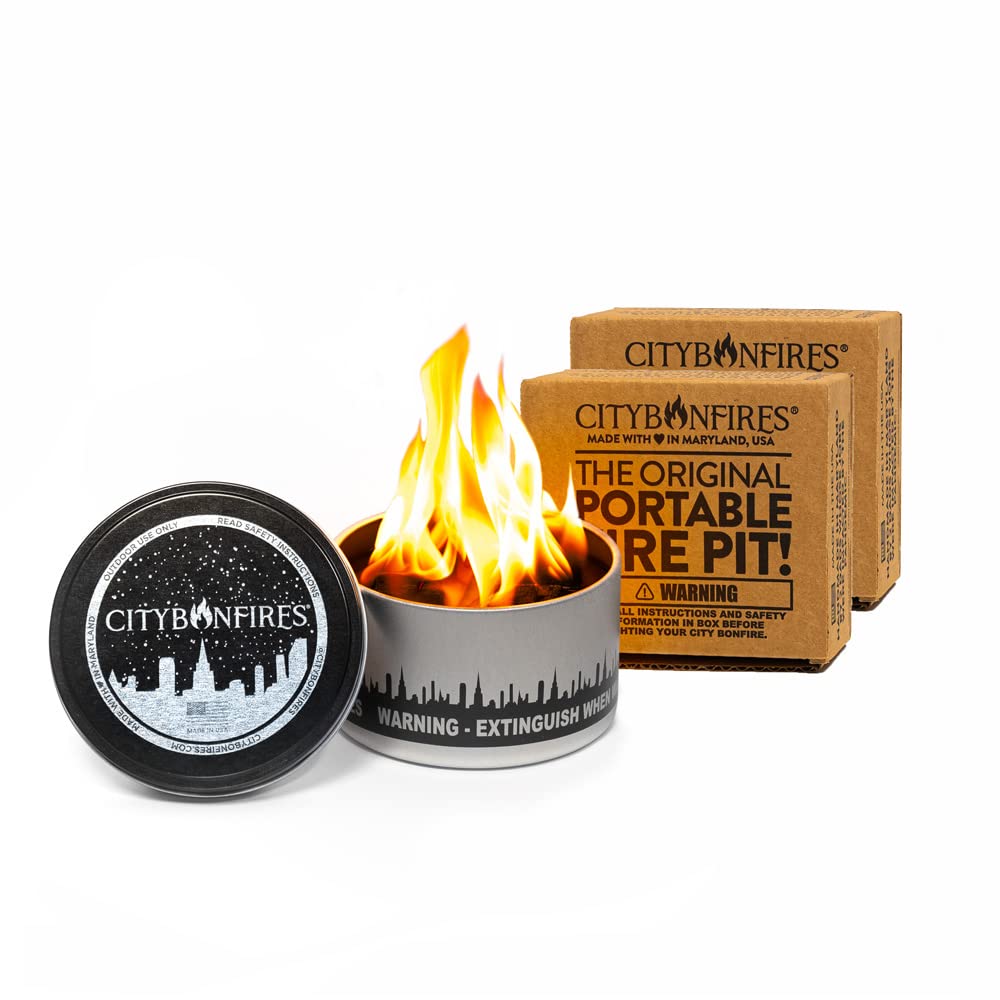 CITYBONFIRES front view of two-pack portable mini fire pits showing compact design and instant flame benefit