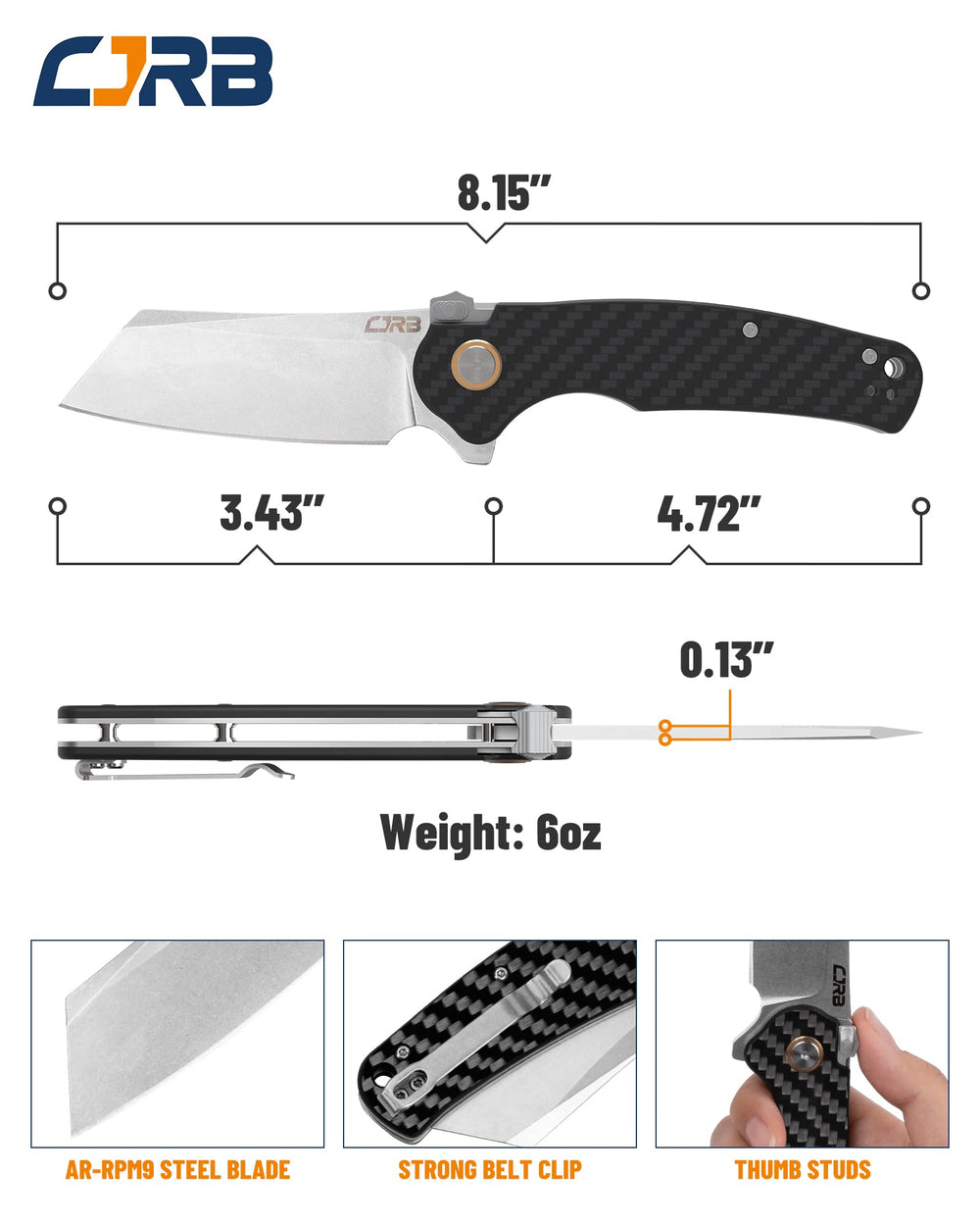 CJRB Crag blade closeup showing AR-RPM9 edge and finish for durable cutting
