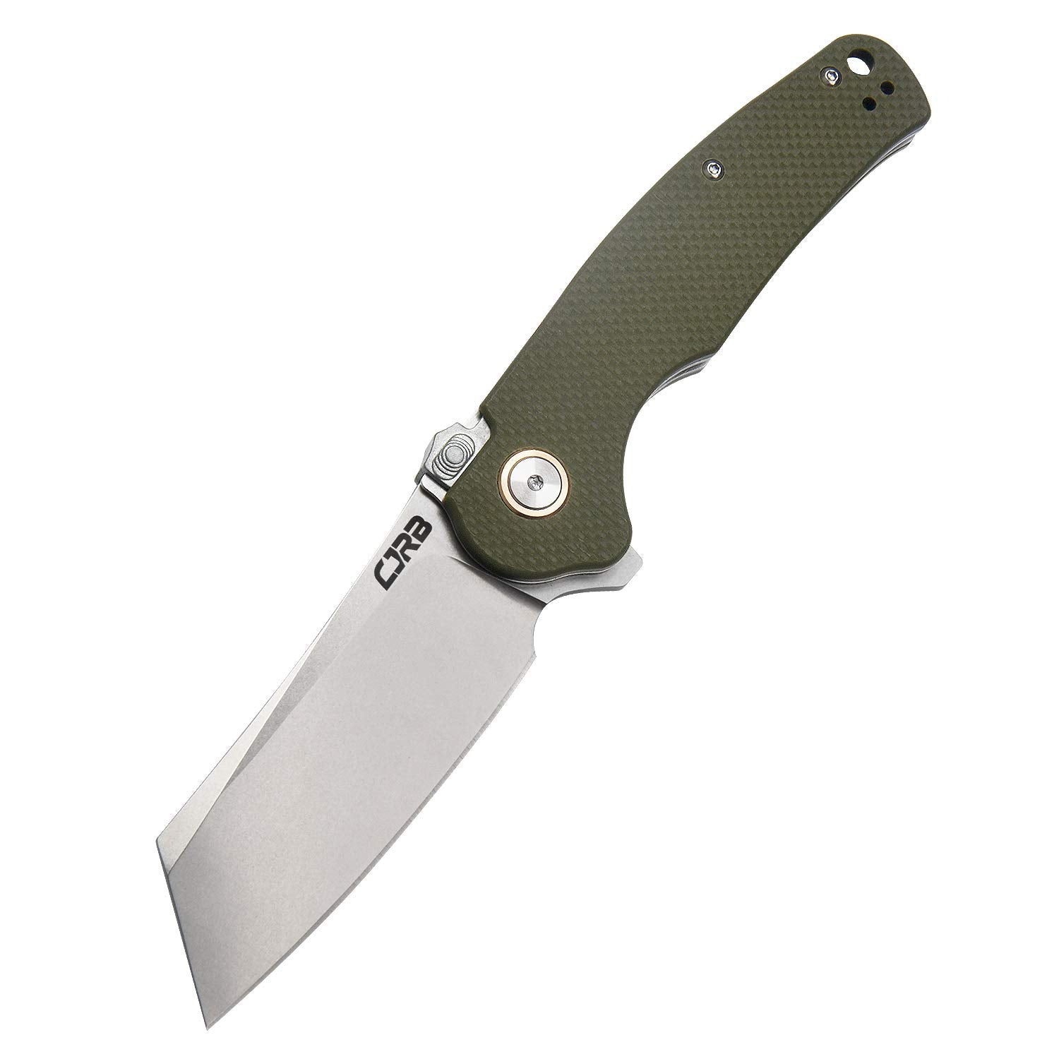 CJRB Crag front view open showing blade and pocket clip for reliable carry