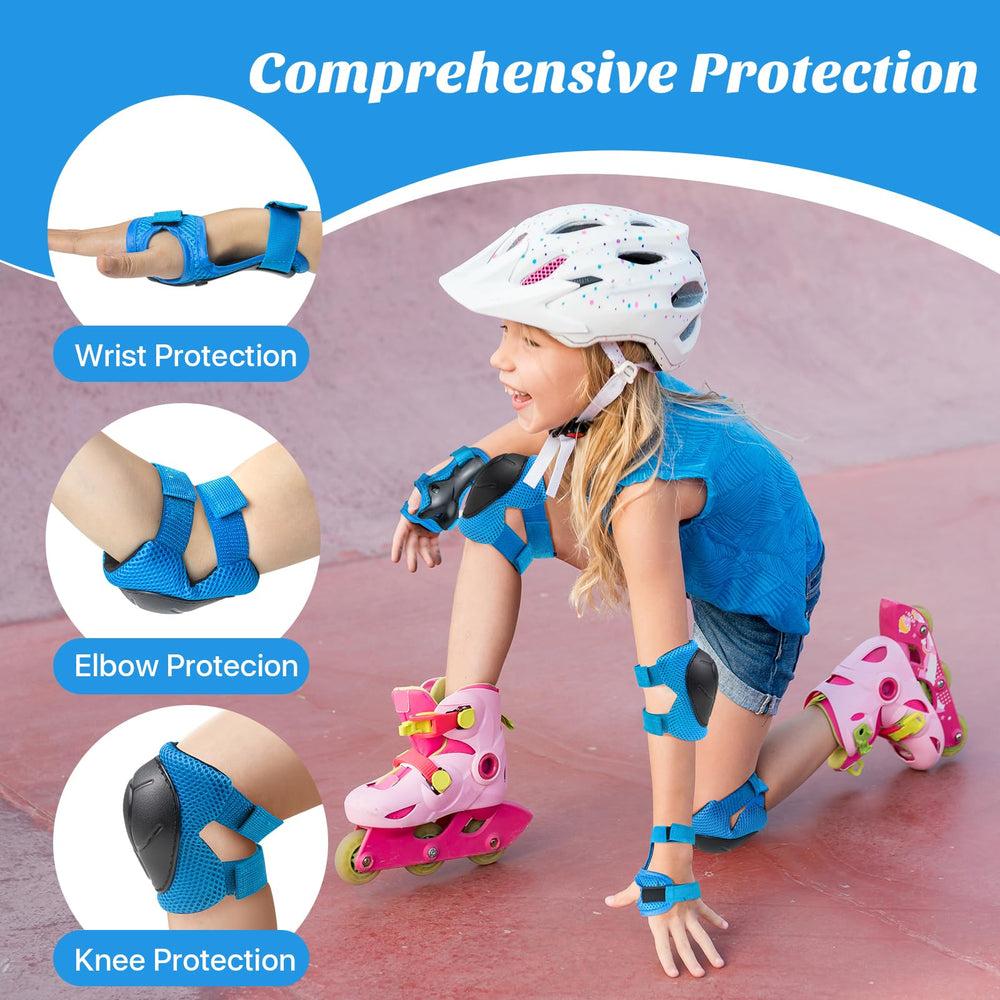CKE child wearing blue M pads while skating showing activity-ready protection benefit