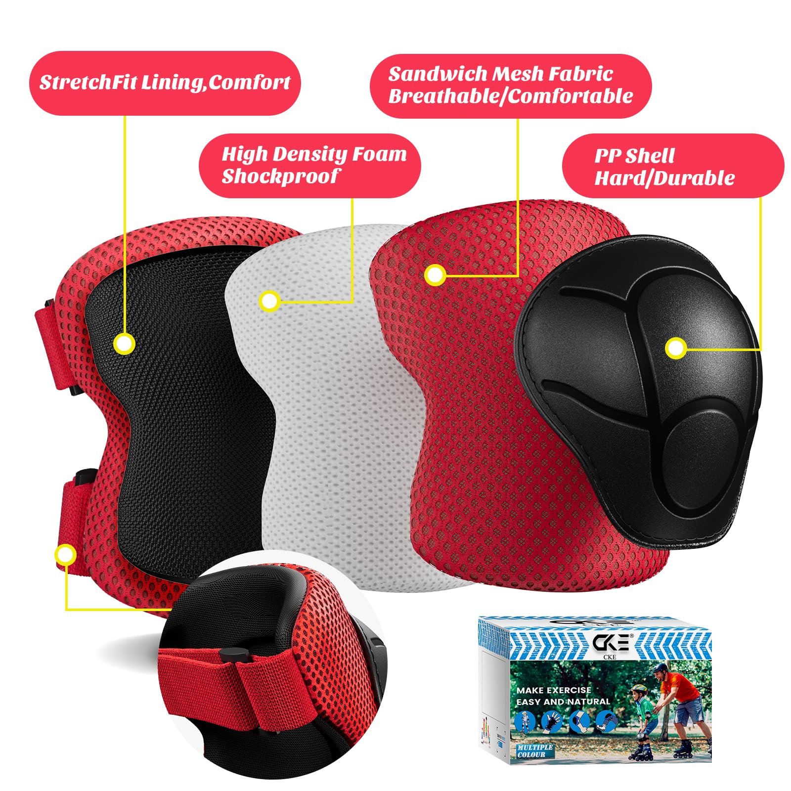 CKE knee pad closeup of hard PE shell highlighting impact protection