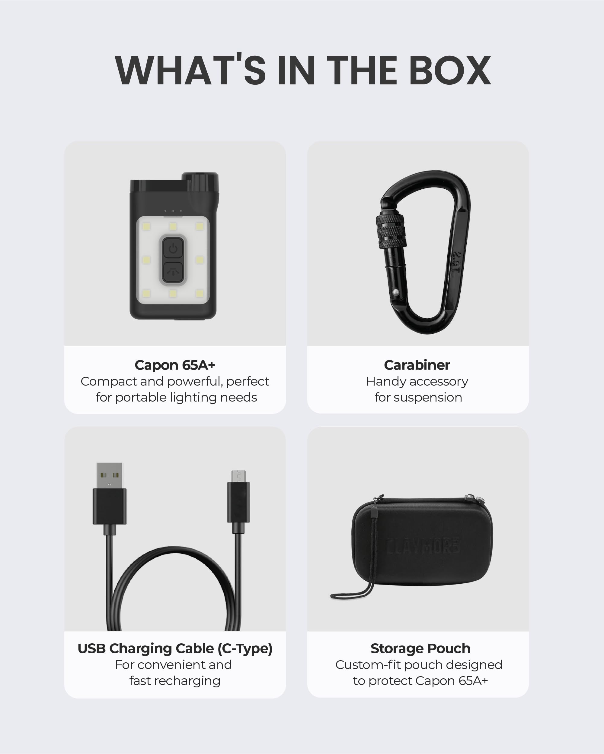 Claymore Capon 65A+ with carabiner hook for versatile hanging and storage