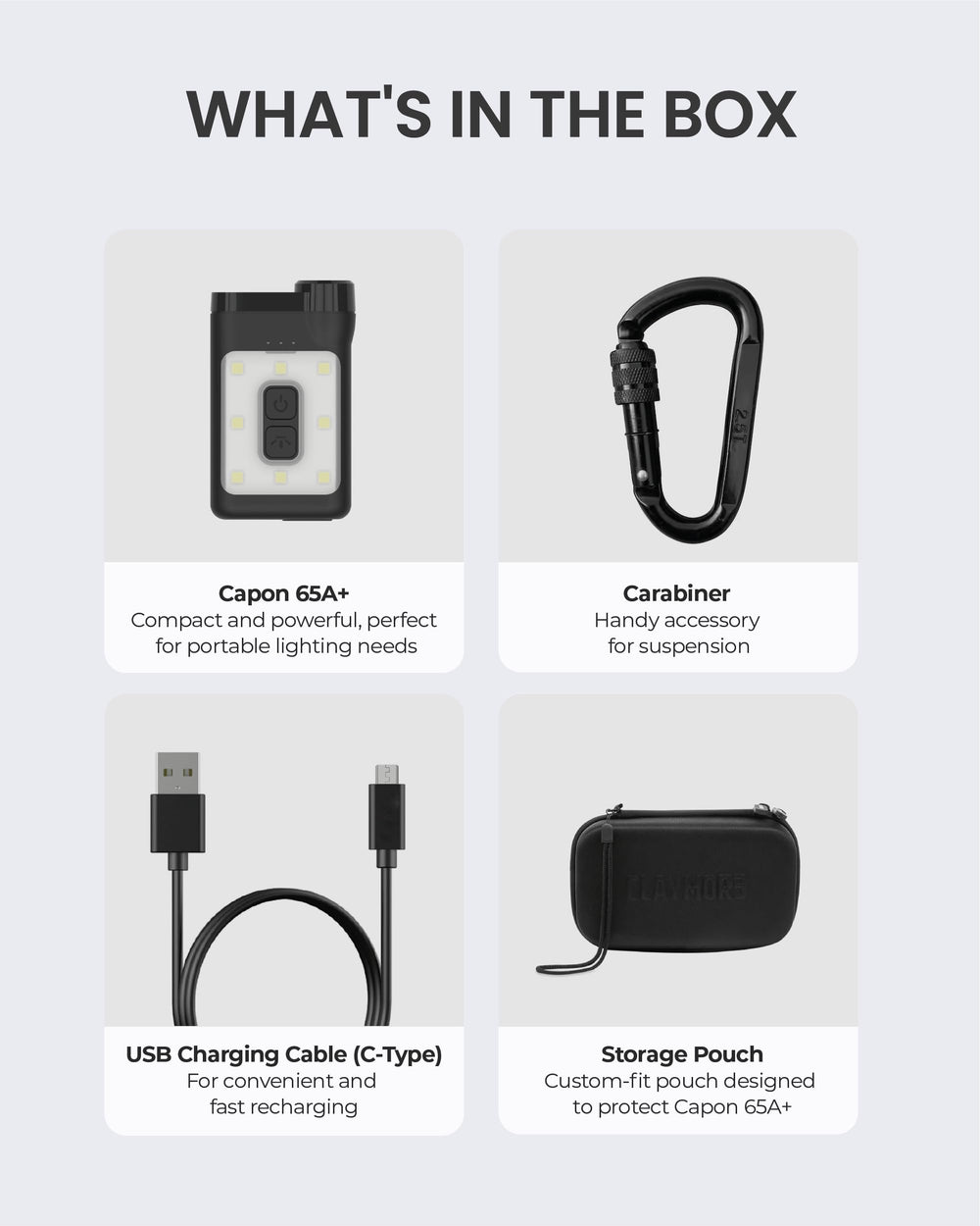 Claymore Capon 65A+ with carabiner hook for versatile hanging and storage