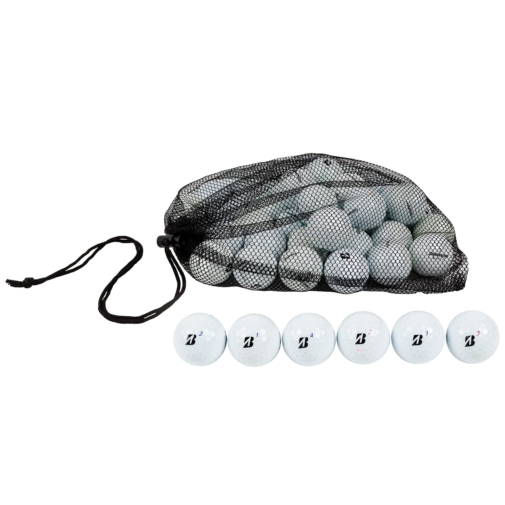 Clean Green Golf Balls front packaging showing mixed Bridgestone models and bag benefit