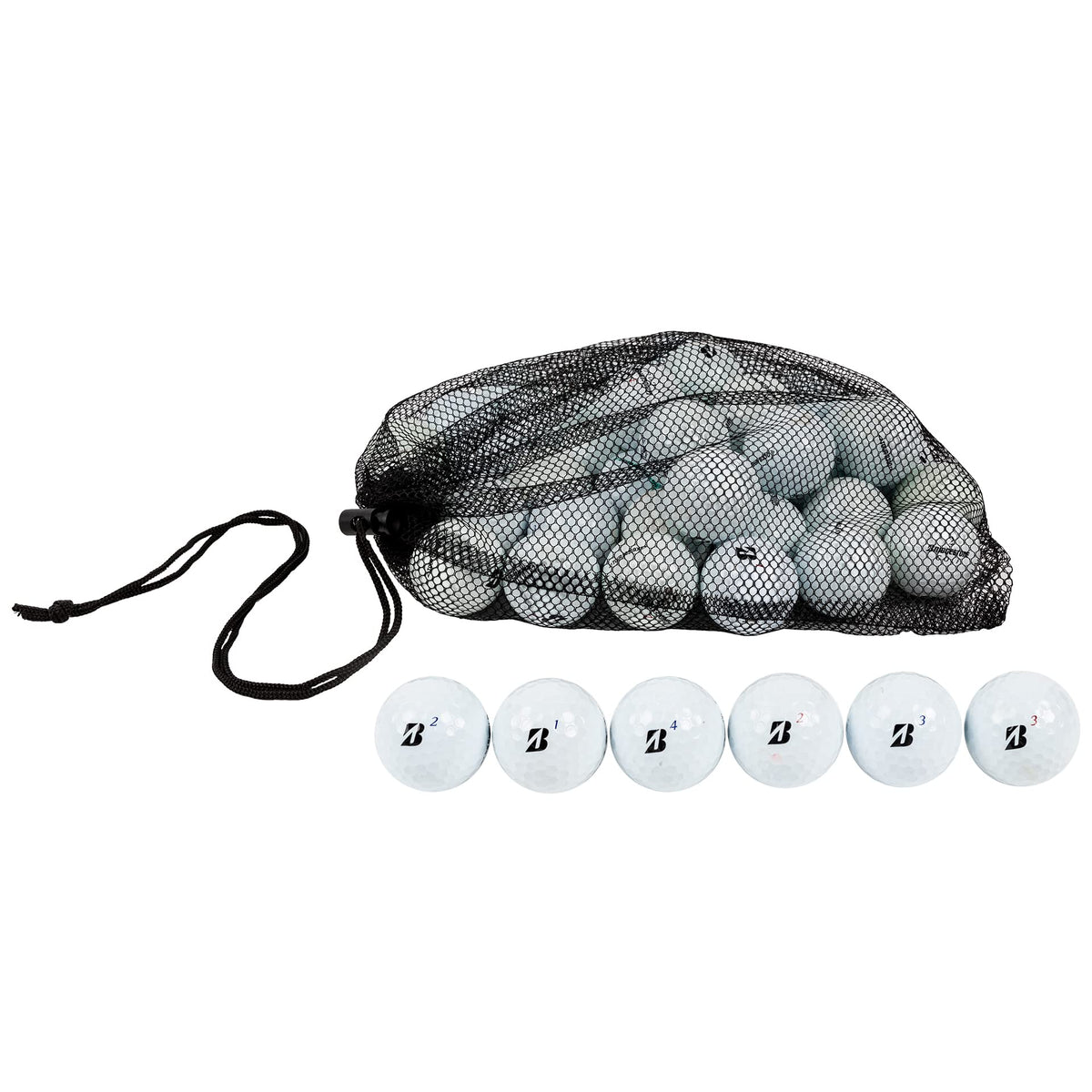 Clean Green Golf Balls front packaging showing mixed Bridgestone models and bag benefit