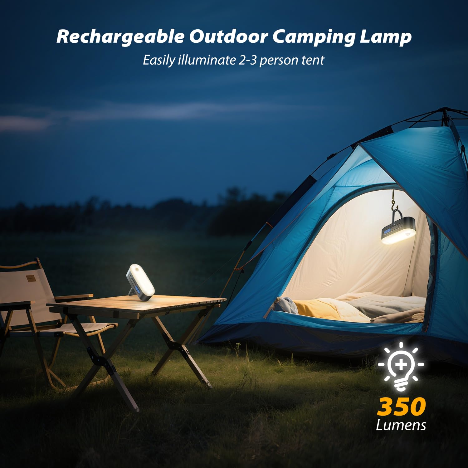 Clemas lantern hung inside a tent providing soft ambient camp lighting